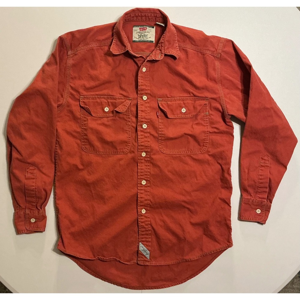 VTG Y2K Levis Mens Orange Cotton Twill Button Down Work Shirt S (fits M(